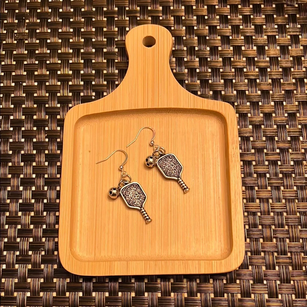 Silver Pickleball Paddle Earrings - Picture 2 of 4